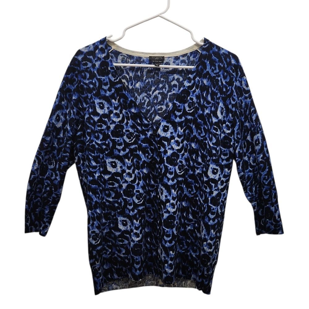 Talbots LP Petite Merino Wool Cardigan Blue Animal Print 3/4 Sleeve Button Up